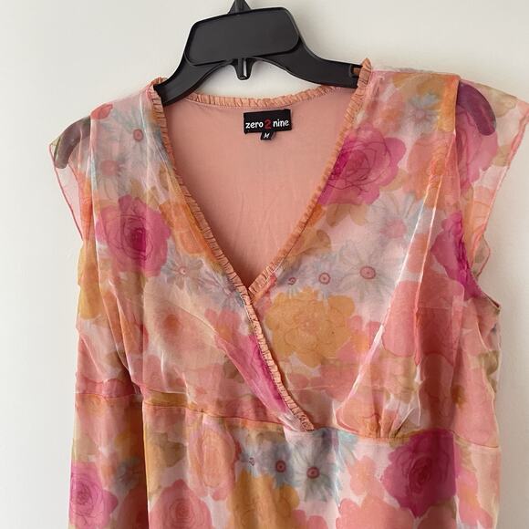 Y2K Sheer Floral Babydoll Top M Pink Orange Fairy Coquette Romantic Ethereal - Picture 7 of 9